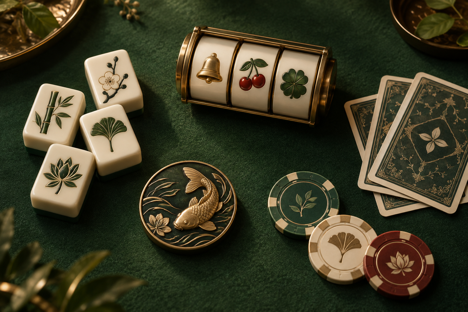 Ilustrasi katalog kasino dengan gulungan slot, ubin mahjong, kartu, dan keping di meja hijau